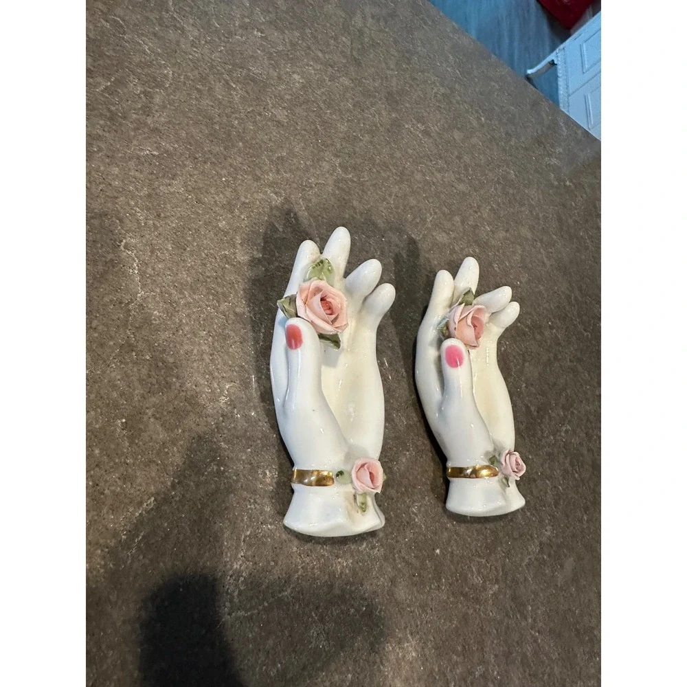 Lefton China Vintage Porcelain Hand Trinket Dish Set Pink Roses Gold Japan 2pc